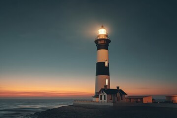 A lighthouse stands illuminated at dusk by the sea, its light guiding ships as the sun sets on the horizon