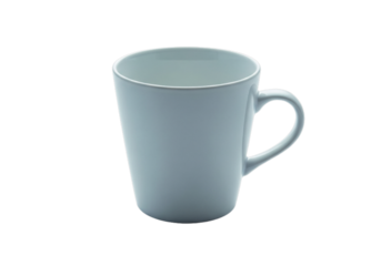 Plain light blue ceramic mug with handle on right side shown on white background with tapered shape and smooth surface ideal for product mockups, kitchenware branding, and editorial content