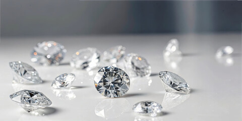 A collection of brilliantly cut diamonds glimmers on a sleek white surface, capturing and refracting light beautifully in an elegant display of luxury