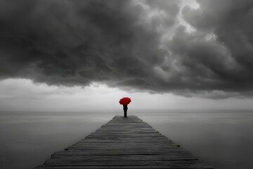 A person with a red umbrella stands on a wooden pier under dramatic dark clouds, creating a moody, atmospheric scene