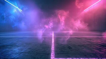 textured soccer game field with neon fog - center, midfield. 3D Illustration
