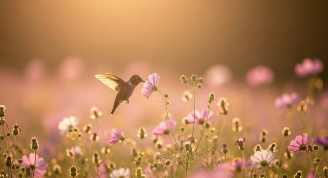 Hummingbird Feeding on Flowers in a Sunlit Meadow