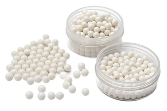 White balls in clear containers and scattered around