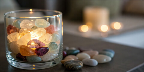 A glass holder filled with polished stones emits a soft light, creating a cozy ambiance. Additional stones are scattered nearby, complementing the tranquil evening setting