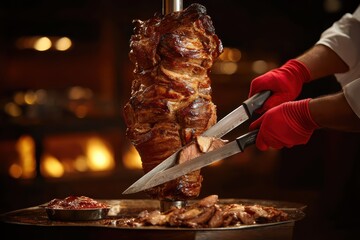 A chef slices roasted meat from a vertical spit, with a serving of sauce on the side, in a warm, inviting restaurant setting