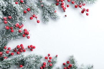 Snowy Christmas greenery border on white