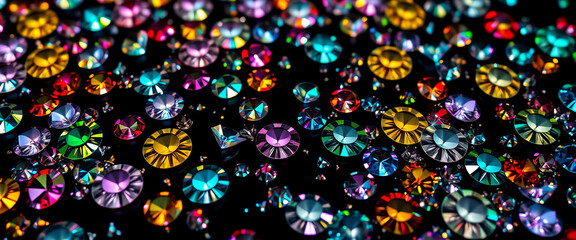 Obraz premium A vivid collection of multicolored rhinestones scattered across a black surface. Various shapes reflect light, creating a dazzling and eye-catching spectacle for crafting or decorative purposes