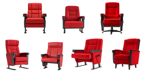 Various layout of red theatre chairs against an isolated transparent background.