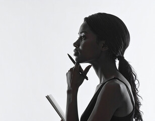 Thinking and writing person silhouette, isolated on white background with copy space
