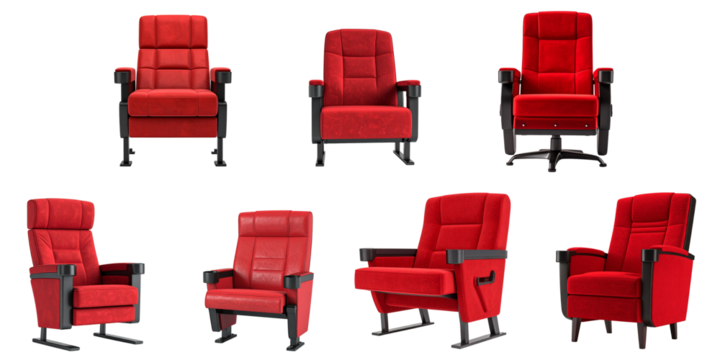 Various layout of red theatre chairs against an isolated transparent background. - Powered by Adobe
