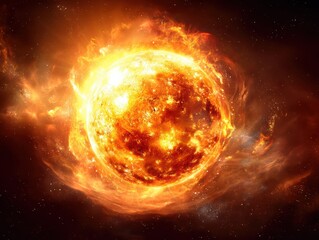 Obraz premium A fiery sun radiates intense heat and energy, surrounded by glowing plasma and cosmic dust in the depths of outer space