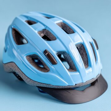 Light blue bicycle helmet with black visor on a light blue background