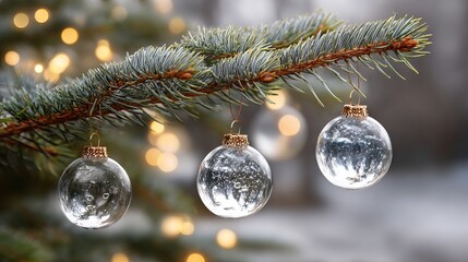 Christmas tree branch with hanging glass baubles and ornaments, elegant interior holiday decor background with pine needles, warm string lights, soft bokeh, and copy space for winter celebration