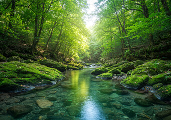Obraz premium Tranquil Forest Stream with Sunlight Reflections – Nature Landscape
