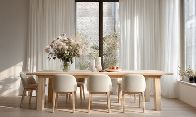 Elegant dining room with a light wooden table, chairs, & floral centerpiece. Soft light