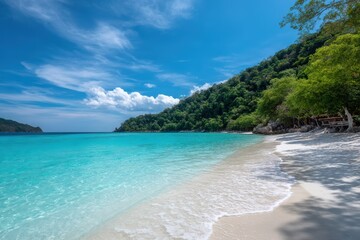 Obraz premium Pristine tropical beach with turquoise water, white sand, lush green trees, and a clear blue sky on a sunny day