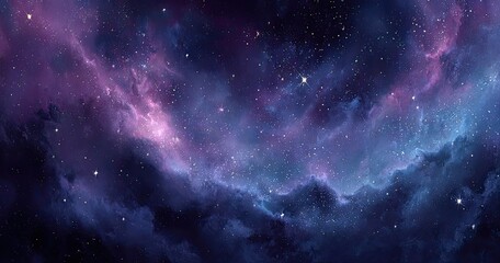 Deep space nebula filled with swirling clouds of vibrant purple and blue nebulae, scattered with countless stars