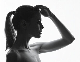 Thinking person silhouette with hand on head, isolated on white background with copy space
