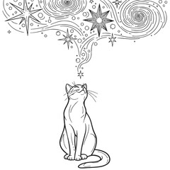 Whimsical cat gazing at a magical night sky.
