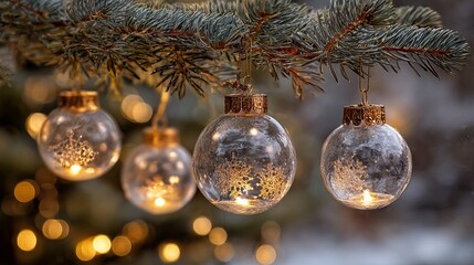 Christmas tree branch with hanging glass baubles and ornaments, elegant interior holiday decor background with pine needles, warm string lights, soft bokeh, and copy space for winter celebration