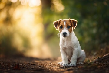 A small, light-colored dog, likely a Jack Russell Terrier puppy, sits in a sunlit forest path.  Warm golden light filters through the trees, highlighting the puppy's soft fur