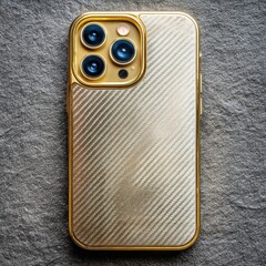 Gold smartphone with carbon fiber back on dark background