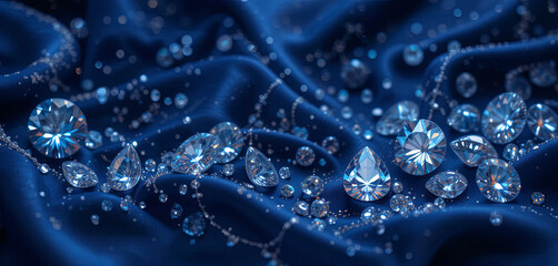 Various diamonds and gemstones glimmer on a rich blue satin background, creating an elegant display of color and light. The setting enhances the luxury feel