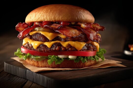 A juicy double bacon cheeseburger with lettuce, tomato, and cheddar cheese, served on a wooden board with a rustic background