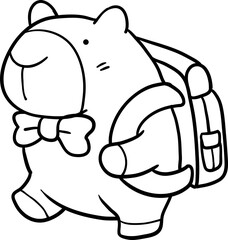 Cartoon Capybara with Backpack and Bow Tie character illustration line art coloring