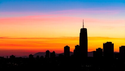 夕焼けに染まる都市のシルエット　グラデーション空と高層ビル群の調和　オレンジ、ピンク、紫、青へと移り変わるグラデーション