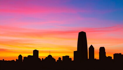 夕焼けに染まる都市のシルエット　グラデーション空と高層ビル群の調和　オレンジ、ピンク、紫、青へと移り変わるグラデーション