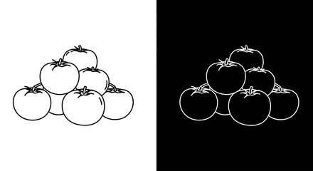 Outline style vector icon of a pyramid of tomatoes in a black and white split design, ideal for a modern culinary brand.