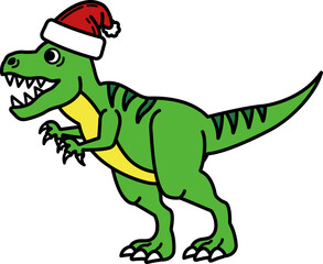 isolated illustration of a T-Rex dinosaur wearing a Santa hat