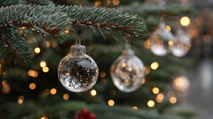 Christmas tree branch with hanging glass baubles and ornaments, elegant interior holiday decor background with pine needles, warm string lights, soft bokeh, and copy space for winter celebration