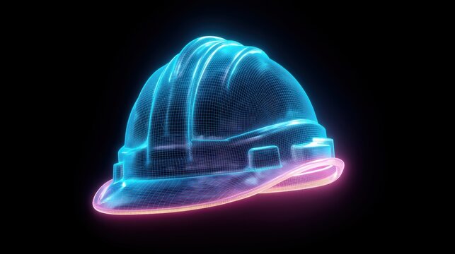 A glowing digital wireframe of a construction hard hat is displayed on a black background, symbolizing innovation and safety in construction technology