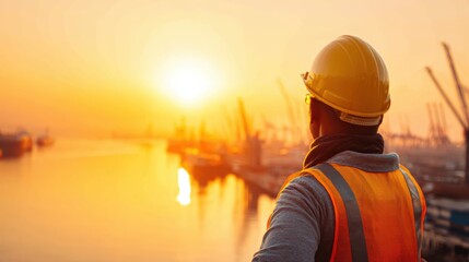 A construction worker in a safety vest and helmet looks over a busy industrial port at sunset