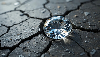 A sparkling diamond is placed on dry, cracked soil, reflecting light beautifully. The contrast between the jewel and the rough terrain creates a striking visual effect, emphasizing nature's harshness