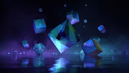 Abstract digital art of floating geometric shapes in a dark, reflective space