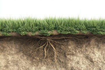 Fototapeta premium A cross-section of green grass with visible roots growing underground in rich soil against a white background