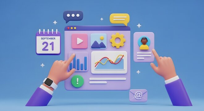 3d illustration of a person interacting with a digital interface showcasing data analytics and communication tools