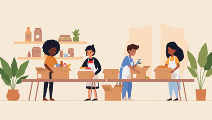 Diverse Volunteers Packing Food Boxes for Charity