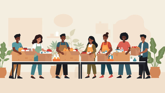 Volunteers Packing Food Boxes for Community Distribution with Diverse People