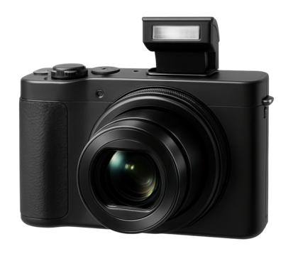 Point-and-shoot digital camera with built-in zoom lens and flash