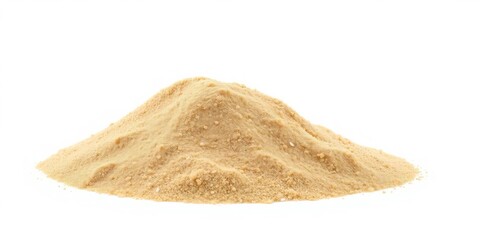 A small mound of fine, light-brown beach sand, isolated on pure white background, sea, macro