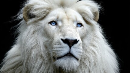 A majestic white lion with striking blue eyes gazes into the distance, its thick mane blending with the dark background