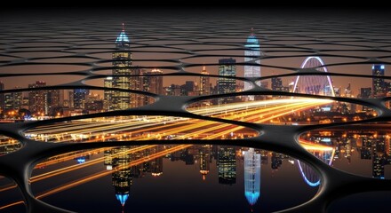 Fototapeta premium Night Cityscape Reflected in Abstract Water, Futuristic Urban Panorama