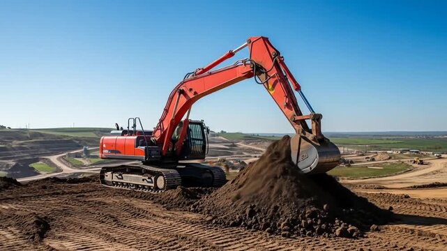 Excavator Digging Earth on Construction Site in Bright Daylight with Clear Sky