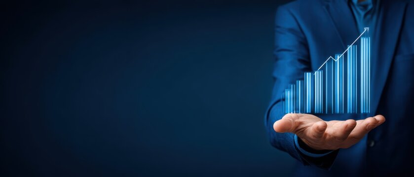 A businessman in a blue suit holds a glowing, upward-trending bar graph, symbolizing growth and financial success - Powered by Adobe
