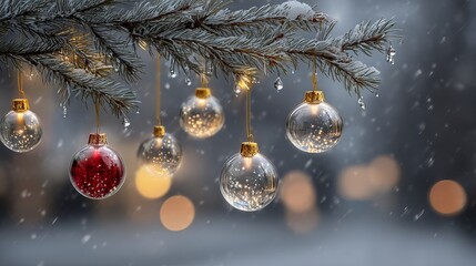 Christmas tree branch with hanging glass baubles and ornaments, elegant interior holiday decor background with pine needles, warm string lights, soft bokeh, and copy space for winter celebration