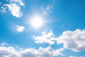 Bright sun shines in a clear blue sky with scattered fluffy white clouds, creating a vivid and uplifting daytime scene